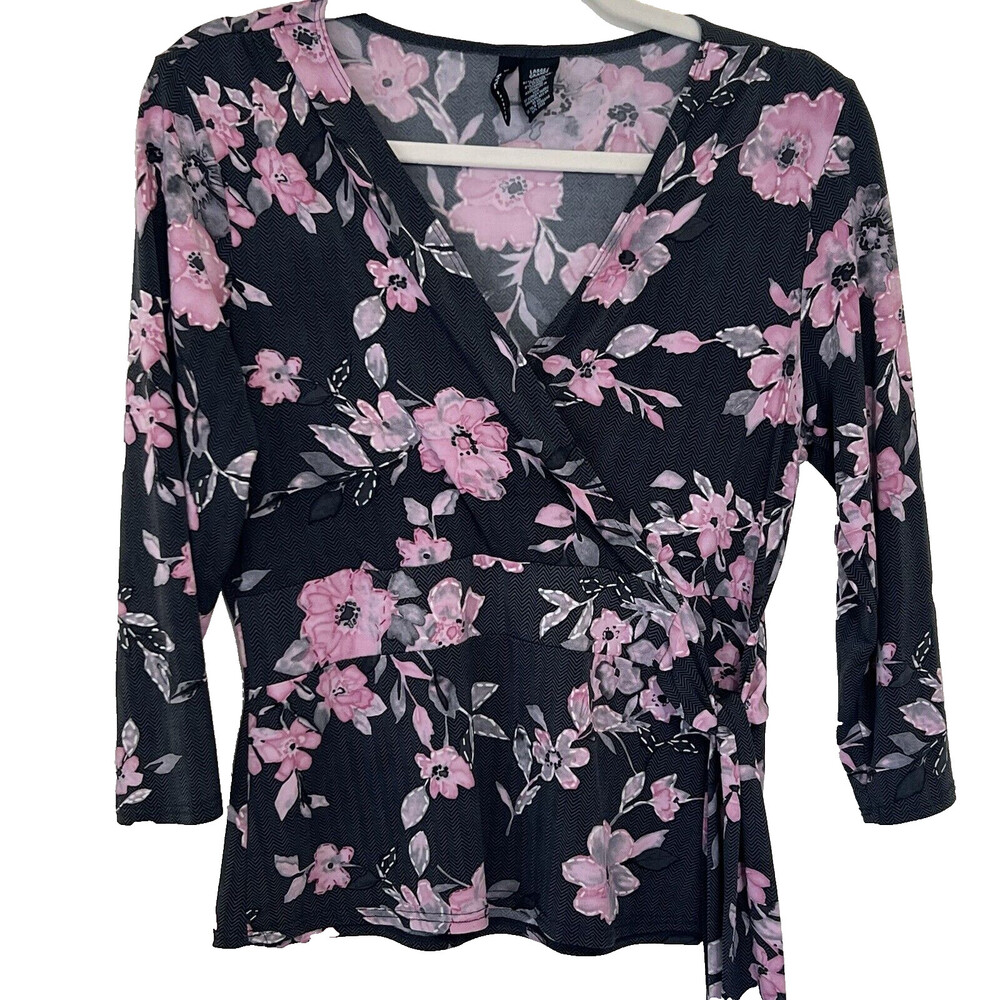 Mixit - Junior's Grey, Pink Floral and Chevron Wrap Front Peplum L